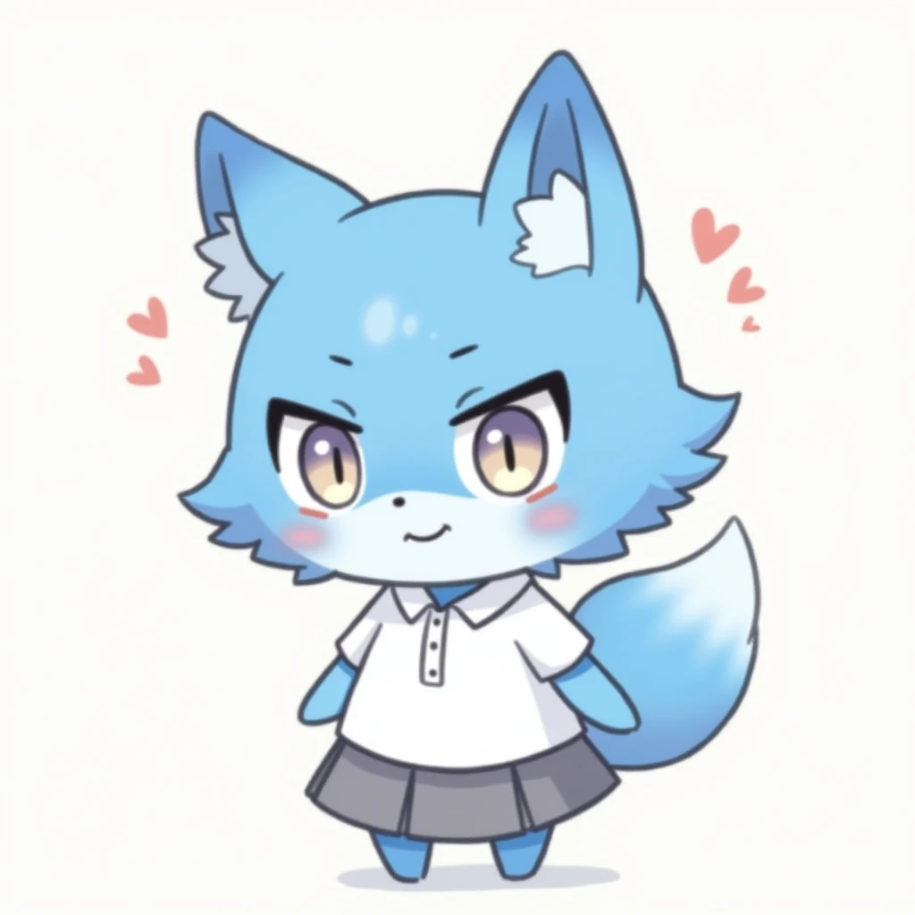 score_9, score_8_up, neco-arc,slit eyes,1girl,solo,fox tail,chibi,:3,full body, nclwtsn, blue fur, blue skin, domestic fox, nicole watterson, clothed, wearing white polo shirt, grey skirt 