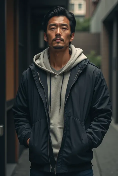 Japanese, 45 years old, wearing a hoodieイケメン