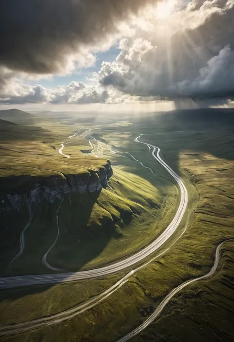 A dramatic and intense depiction of a rapid descent through a vast, dynamic landscape. The perspective is from a high vantage point, looking down as the scene unfolds at high speed—whether its a person skydiving, an object falling, or something plummeting ...