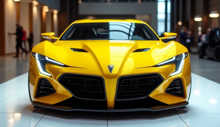 2025 Pontiac GTO yellow shiny front view in showroom 