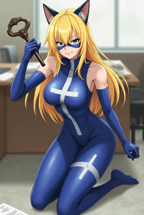 The image features an anime-styled character with a confident, slightly mischievous expression. She has long, blonde hair flowing freely past her waist, with a silky appearance and a center part, while strands frame her face. Her striking, cat-like eyes ar...