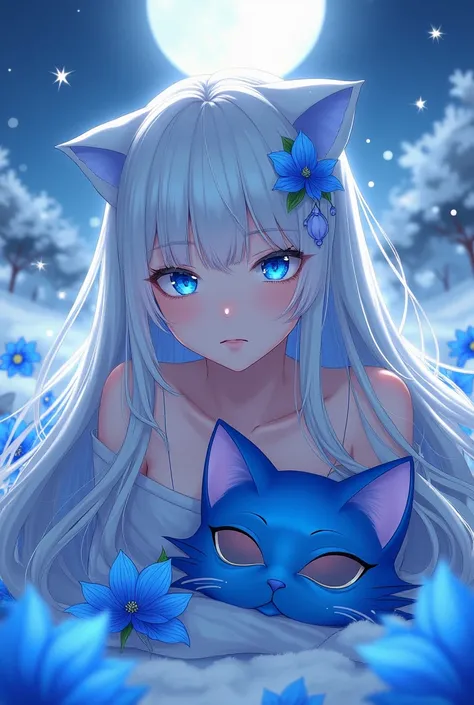  female , anime, white hair, blue eyes,blue  Higanbana hair pins,Long hair straight,snow moon light firefly  blue higanbana background,blue cat mask