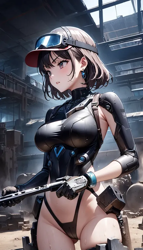   top quality 、 Ultra-high precision 、Detailed view、  vibrant colors、Alone、 beautiful girl 、Age 30、factory、mechanical、inflammation、hydraulic press、casting、  Torn cybersuit、 no panties、Beautiful big boobs 、Beautiful ass、 serious face、holding a handgun in ha...