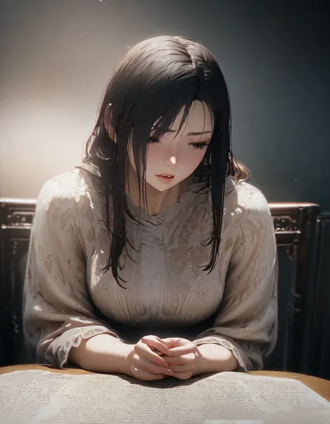 (​masterpiece, top-quality, hight resolution, Unity 8k, extremely details CG:1, Best Picture), A woman sitting alone in a private room, holding a script or a book in her hands, looking visibly confused as she reads it. Her expression shows furrowed brows, ...