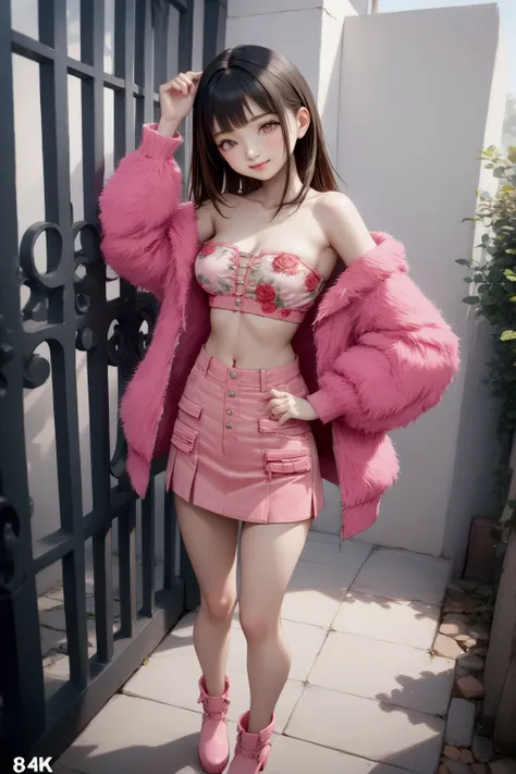 adorable young woman, {+black hair}, near house s gate, luxury mesh gate, touching gate, BREAK, pink long sleeves fluffy jacket, light-pink strapless tube top (+roses pattern), pink pencil mini skirt, pink ankle boots, BREAK, (1girl, solo, full body), (bes...