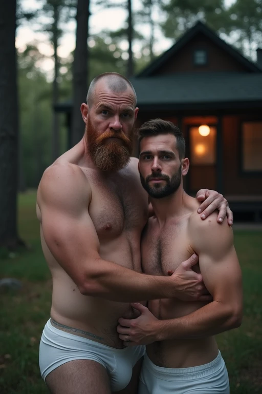  Professional photograph of two men ,  man 1 behind man 2 ,  with his arms around his waist . 
Man 1 is tall ,  is 60 years old , chubby body,  short hair and red beard ,  serious facial expression , shirtless,  wearing white briefs ,  smoking Cuban cigar ...