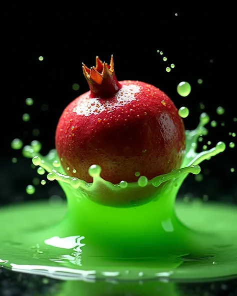 Ultra-realistic image of a juicy, ripe pomegranate falling in super slow motion onto a dense, glowing neon green liquid. On impact, the thick liquid forms a perfectly detailed splattering crown, with tiny droplets suspended all around. The surface of the p...