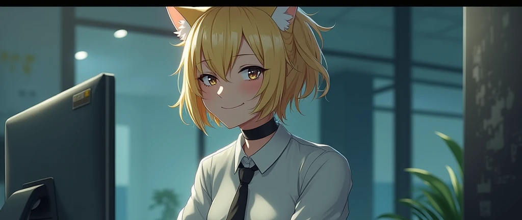 nsfw, masterpiece, ( top quality :1.2), ( sharp concentration :1.2),,  1 girl,  slim girl,, ( blondes|light_yellow hair), cat ears,,  detailed face , young| cute face, ,  Evil Smiles ,, Natural Breasts, Thin arms,, white collared shirt and black tie,  blac...