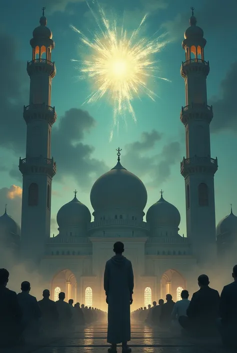 A symbolic depiction of a divided Muslim community: two groups praying in separate mosques, visibly disconnected. In the middle, a young Muslim stands hesitantly, looking torn between the two groups. Above him, a glowing, ethereal vision of a united congre...