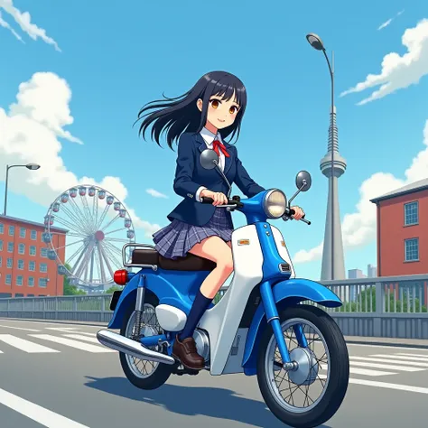 A cute 17-year-old Japanese high school girl with flowing black straight bob hair, 167cm tall with long slender limbs, wearing a navy blue school blazer with a red ribbon tie, white collared shirt, plaid skirt, knee-high navy socks, and black loafers. She ...