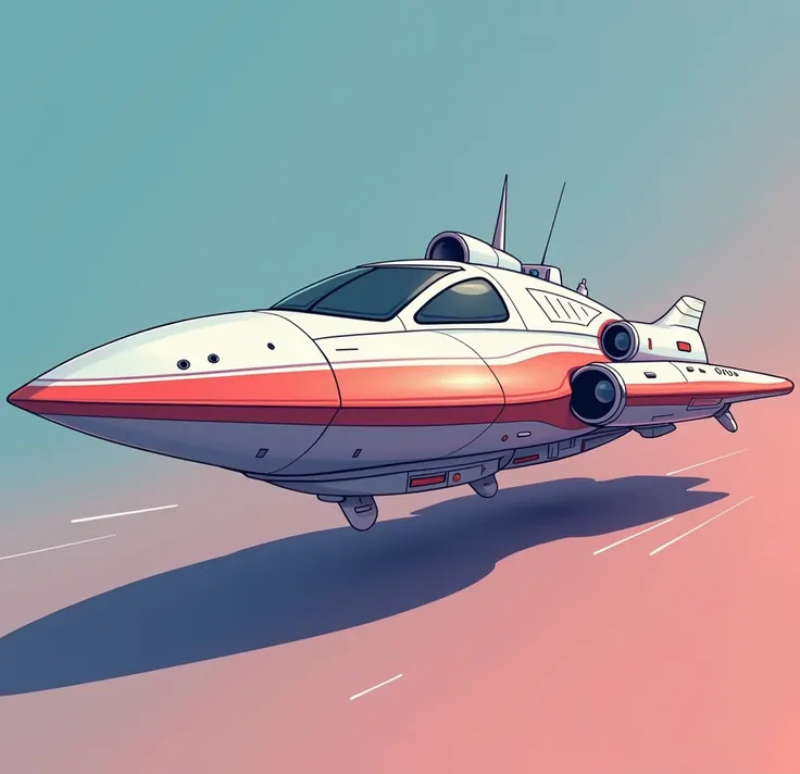  Create an illustration of a futuristic ship , drawn in profile  ( side view)  in the minimalist and semi-flat cartoon style .  The ship must have rounded shapes , highlighted contours and a vibrant color palette with predominant tones.  The perspective mu...