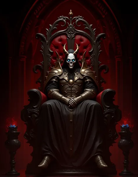 a gothic human king in black armor, mask in the form of a skull, on the head is a hood with a black crown and human blue eyes, dark burgundy cape, sits on the throne, intricate gothic details, dramatic lighting, moody atmosphere, cinematic composition, hig...