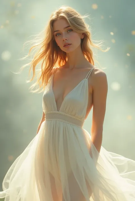 Blonde hair, blue eyes, golden tan skin, small bust, white thin dress