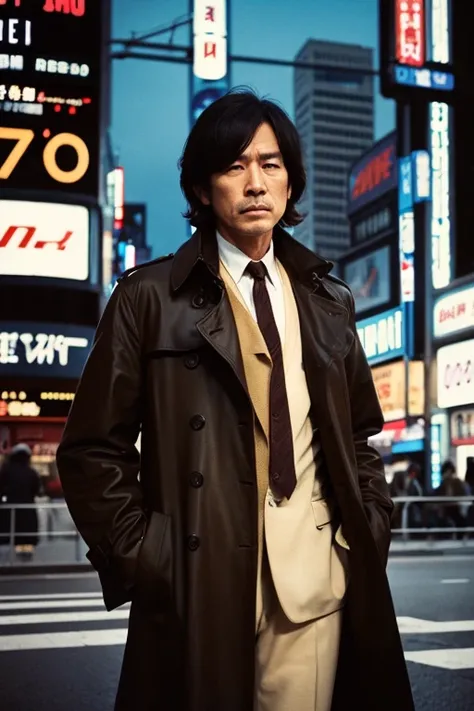 50-year-old Japanese male ,  1970s USA criminal drama style,  trench coat, Melancholy in the air,  against the backdrop of 1970s Shinjuku 