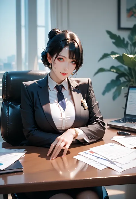 ((masterpiece:1.2, best quality)), 1milf, solo, (suit, office girl), black hair, black bun hair, seduce,sit on the table,