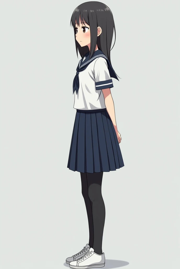  a Japanese middle school student， wearing sailor suits ，thick black tights ，White gymnastics shoes， blush