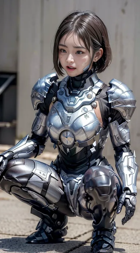 ((Middle-aged woman))textured skin,  super detailed ,  attention to detail,  High Quality , 最 High Quality ,  high definition , 1080P, , (Lie on your back) beautiful,(Combat equipment), beautifulサイボーグ女性, mecha cyborg girl,()((Heavily damaged armor)), has a...