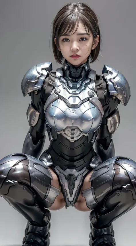 ((Middle-aged woman))textured skin,  super detailed ,  attention to detail,  High Quality , 最 High Quality ,  high definition , 1080P, , (Lie on your back) beautiful,(Combat equipment), beautifulサイボーグ女性, mecha cyborg girl,()((Heavily damaged armor)), has a...