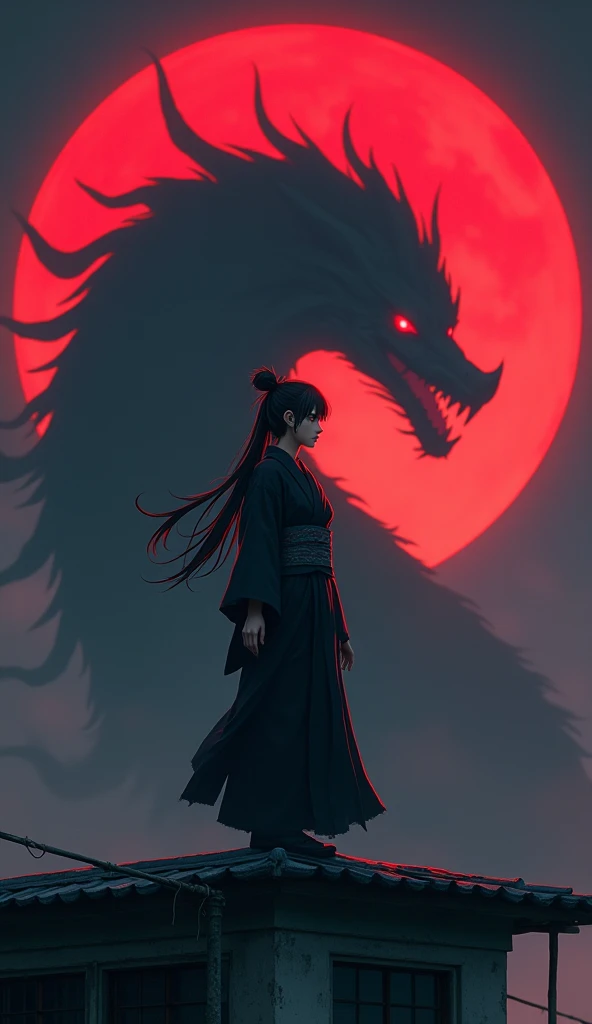 Long Black Hair、Hair tied up、、woman、 kimono、The background is a large red crescent moon、On the roof of an old building、Too much exposure、Red eyes、Cold look、profile、Anime Style、Wearing a black haori、Belt around the waist、Looking this way、A giant, monstrous ...