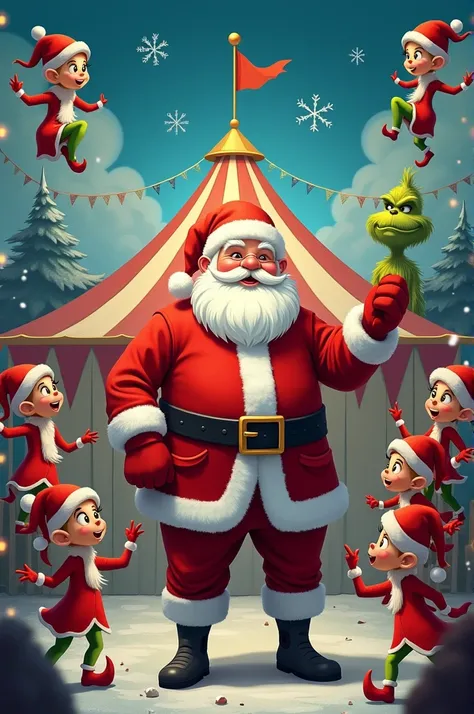 Santa Claus circus poster with juggling elves Mr. Grinch 