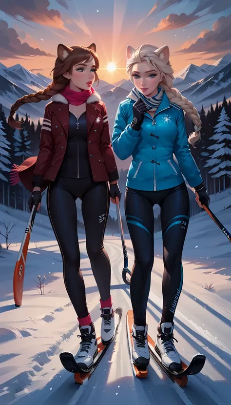 score_9, score_8_up, score_7_up, 2girls, duo, very sexy (Elsa, blonde, braid:1.2), and very sexy (Anna, brown hair, braided pigtails:1.3), wearing (ski outfits, gloves, scarves, tight, puffer jackets:1.3), (skiing, skis, ski poles:1.4), filled lips, thick ...