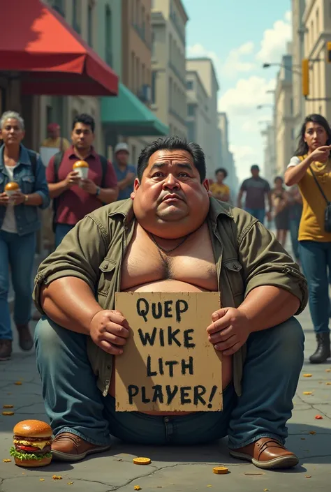 a very very fat g uy on the streets with no money watching people eat big macs and id very sad , he also has a sign that sayes help Bob. He has double chin and is mexican 