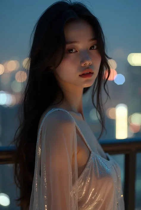  a beautiful Asian girl, with long brown hair, slide-layered, stands gracefully on the moonlit balcony.,  adorned with a translucent silver pajama dress that shimmers softly under the soft light, , Silver light.  The cityscape behind her shimmers with twin...