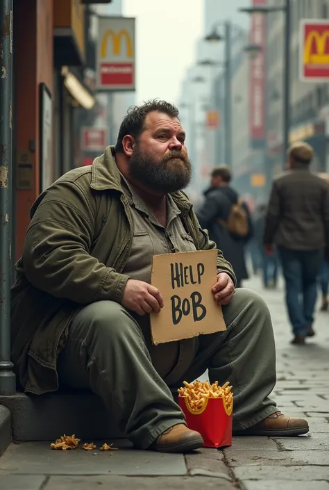 a very very fat g uy on the streets with no money watching people eat big macs and id very sad , he also has a sign that sayes help Bob. He has double chin .