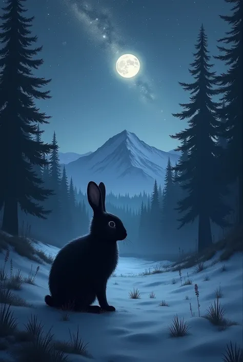  Natural Scenery Moon Stars Milky Way Forest Dark Snow Mountain Dreamy, Standing Black Rabbit Furry , gloomy mood