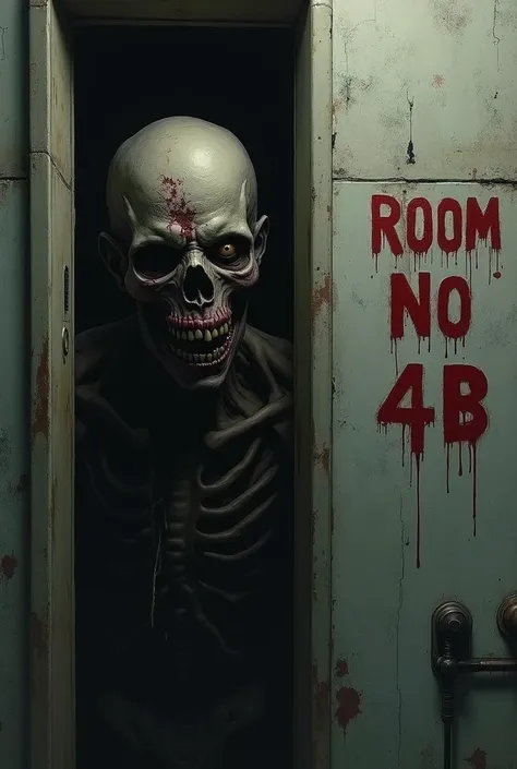 A scary zombie whose face is half visible from the danger room and also write "Room No 4B" in red and white 