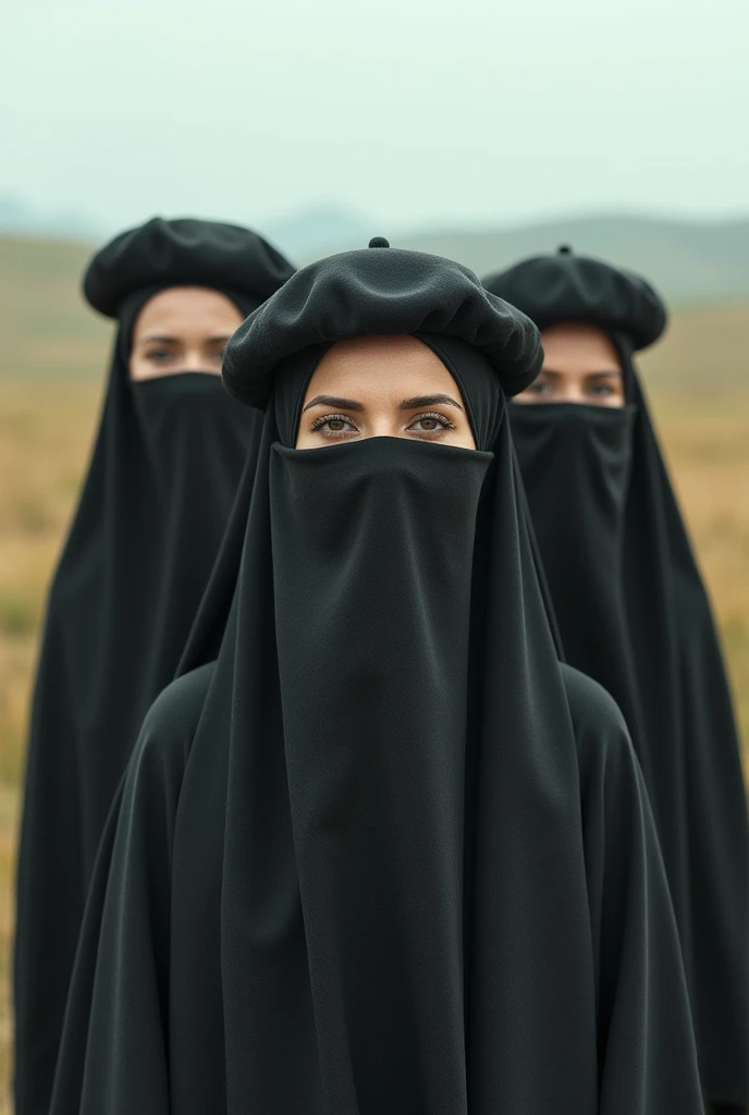 Women in hijab cover half of their face From nose to mouth in berets are in the vast paddock
