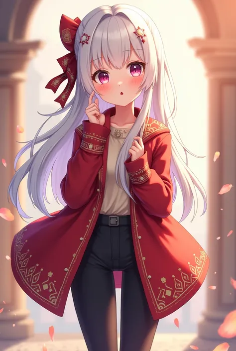 A cute anime girl white hair, red coat, black pant 