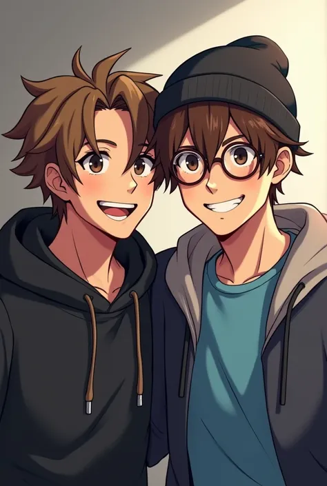 A man with light brown hair, black eyes, and a black hoodie with brown hair and black hair, and a man with brown hair, a black beanie, with buds on his head, a blue t-shirt, a gray hooded zip-up, and glasses are smiling together.( animated picture)