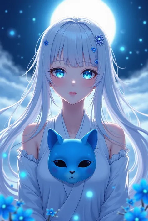  female , anime, white hair, blue eyes,blue  Higanbana hair pins,Long hair straight,snow moon light firefly  blue higanbana background,blue medium cat japan mask