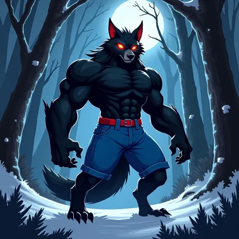 A black muscular wolf furry jock with red glowing eyes without pupils in blue pants stands in the winter forest at night in cartoon style 