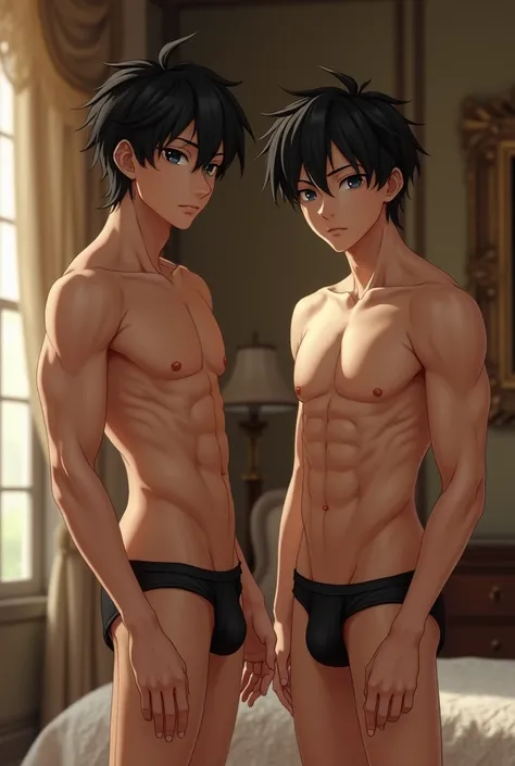 high quality, detailed, photo Realistic,( tanned japanese school boys), (detailed black eyes), (black short hair),(abs),(tanned white shiny skin:1.4), flat chest, black tiny thong,(detailed nipples), palace bedroom, (best quality,4k,8k,highres,masterpiece:...