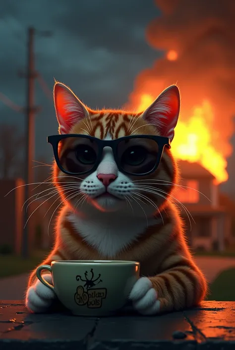 Cat wearing sun glasses at night drinking coffee and house burning at the buck 