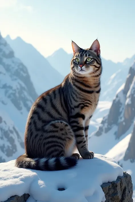 Chat au pelage maron foncé rayé assis dans les montagnes enneigées 