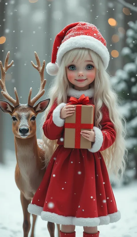 Cute girl, white skin, smiling face, long hair, wearing a red Santa Cross hat, wearing a red Santa Cross skirt, in hand with a gift box, standing with a radian deer in the atmosphere of Christmas, snowfall.