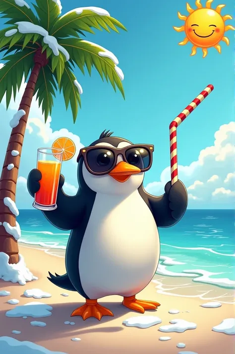  A scene in which a penguin is wearing huge sunglasses ,  taking a superhero pose while holding a glass of juice with a giant straw.  The penguin is on a tropical beach ,  but the beach is covered with snow and ice , creating a funny contrast . In the back...