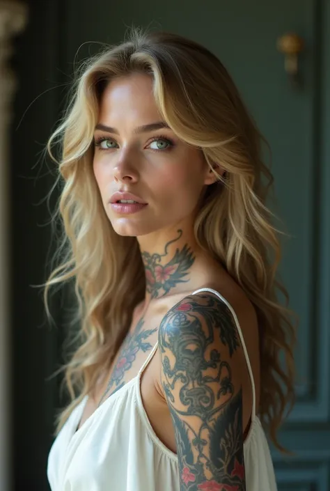 Woman, beautiful tall with the features of the actress Ana de Armas, with several tattoos on his body , hair blonde , wearing awhite dress 