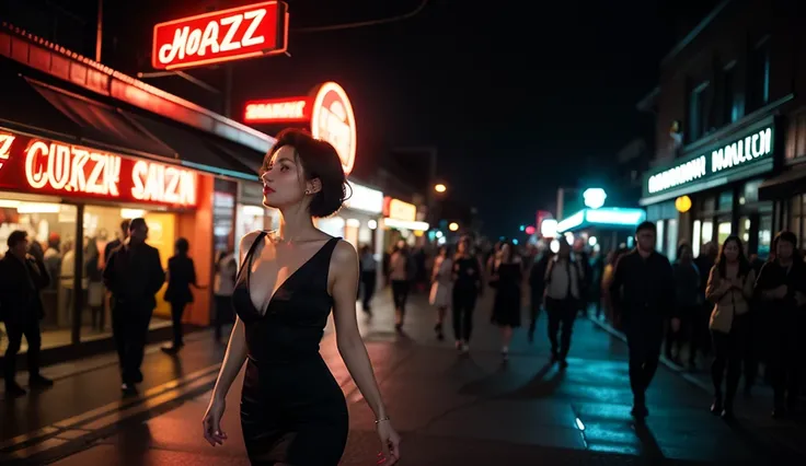 A glamorous bigtits woman with dark, sleek hair and bold red lips walks into a dimly lit jazz club, bathed in the soft glow of vintage neon lights. The smoke from her cigarette swirls around her figure as she strides confidently in a satin, black dress, cr...