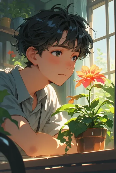 Male student looking at a flower planted in a pot