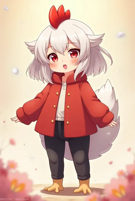 A cute chiken girl anime with red coat, black pant, white hair 