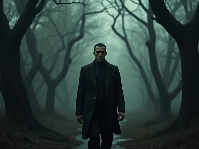 a man in a dark suit, serious facial expression, walking through a dark and eerie forest, dramatic lighting, moody atmosphere, cinematic composition, chiaroscuro lighting, high contrast, dark and gritty, hyper-realistic, highly detailed