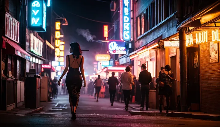 A glamorous bigtits woman with dark, sleek hair and bold red lips walks into a dimly lit jazz club, bathed in the soft glow of vintage neon lights. The smoke from her cigarette swirls around her figure as she strides confidently in a satin, black dress, cr...