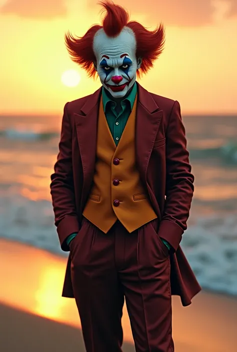 "A highly detailed and realistic portrait of a clown character inspired by a chaotic and enigmatic personality. The character stands with his hands in his pockets, wearing a slightly disheveled suit, positioned on a serene beach at sunset. The background f...