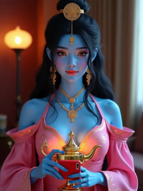 Beautiful female genie from the lamp, black hair, brown eyes, blue skin color, dressed in pink oriental dress, holding a red Motorola G30 mobile phone in her hand, smiling face, standing in a luxury hotel room, golden oriental lamp lying on the table, , cl...