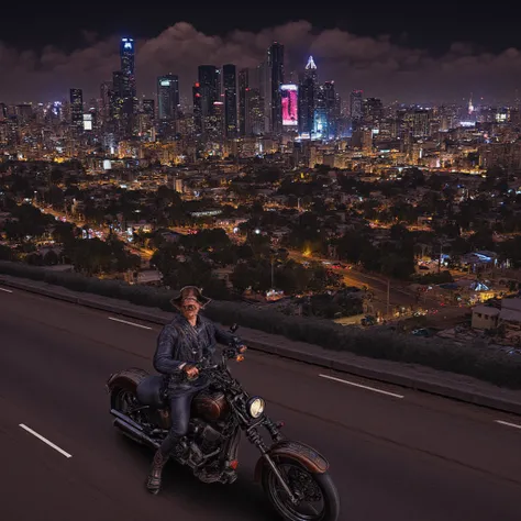  cowboy, ride motorcycle, realistic, background night city