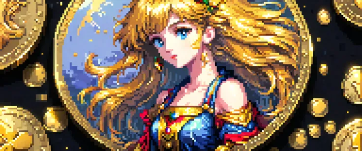 Pixel Art , A gold coin says AIE.(masterpiece, best quality , Perfect composition, Ultra HD, fine details , major, Official Art , Representative Works:1.3)